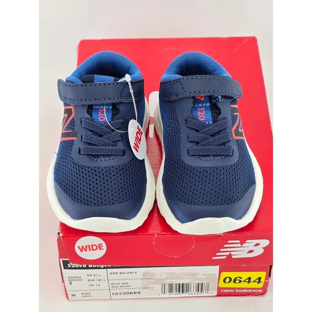 New Balance 520v8 Bungee Lace Kids 3 Wide Blue Red Sneakers - New